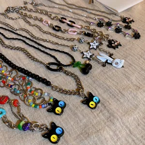 Sweet cool style black cat cherry necklace detail, cute cartoon pendant clavicle chain.