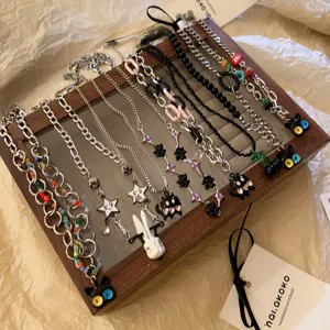 Sweet cool dark style multi-layer chain necklace set with cute cat and star pendants.