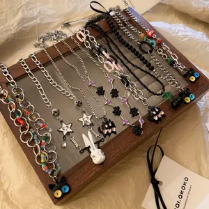 Cute dark style clavicle chain set featuring cartoon cat, cherry and colorful bead pendants.