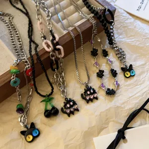 Cute colorful cartoon big-eyed cat cherry necklace dark sweet cool clavicle chain jewelry