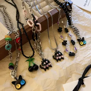 Y2K Sweet Cool Big Eyed Cat Cherry Pendant Necklace For Women Dark Style Gothic Heart Flower Choker Alloy Rhinestone Artificial Pearl Jewelry