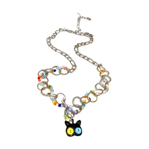 Cute colorful cartoon big-eyed cat necklace with silver chain and beads for women.