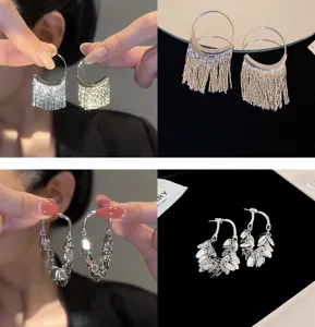 Elegant silver fringe hoop earrings and chic leaf tassel drop earrings for women fashion.