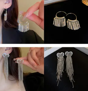 Elegant rhinestone tassel drop earrings silver tone long chain statement jewelry for women
