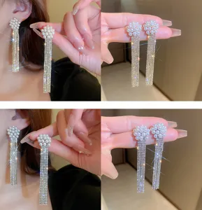 Pearl crystal tassel earrings elegant long rhinestone dangling stud jewelry for women daily wear