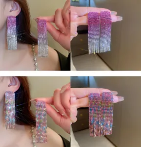Long rhinestone fringe statement earrings for women sparkling crystal tassel jewelry gifts