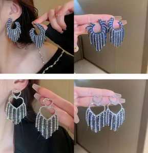 Exquisite rhinestone fringe earrings and statement heart tassel drop earrings for women.