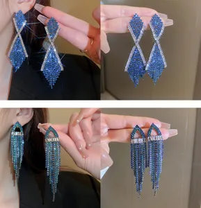 Gorgeous blue rhinestone tassel earrings, exaggerated crystal dangle earrings for women fashion.