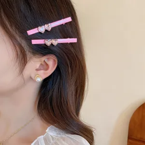 Schattige roze kristallen hart eendensnavel haarspelden voor mode meisjes haar styling accessoires.