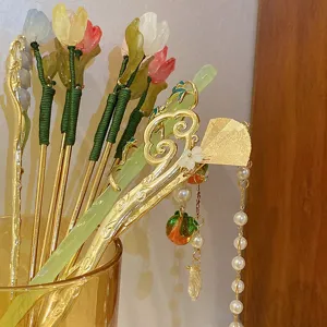 Αξεσουάρ Μαλλιών Παραδοσιακού Κινέζικου Στυλ Καρφίτσα Μαλλιών από Κράμα Κομψό Λουλούδι Μπαμπού Μαργαριτάρια Φούντα Ρετρό Hanfu για Γυναίκες