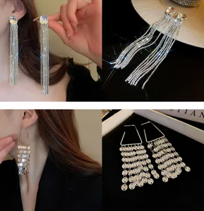 Elegant crystal fringe tassel drop earrings, luxury geometric long earrings for women.