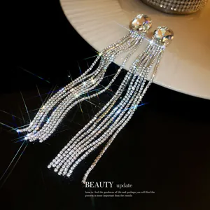 Long rhinestone fringe tassel earrings sparkling silver crystal stud jewelry for women party wear