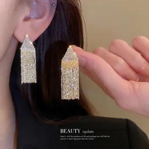Elegant rhinestone fringe earrings with sparkling geometric design for women fashion jewelry