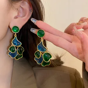 Vintage grün blau Tropfen Ohrringe Detailansicht, retro Harz Strass Ohrstecker Schmuck