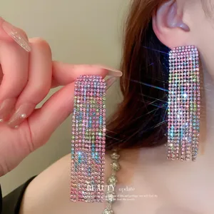 Colorful rhinestone fringe drop earrings, statement crystal long dangle jewelry for women.