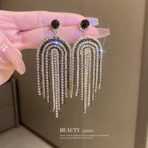 Exaggerated rhinestone fringe drop earrings luxury crystal long tassel jewelry for women
