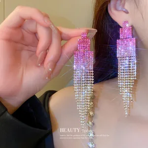 Luxurious gradient pink rhinestone long fringe earrings, sparkling crystal party jewelry.