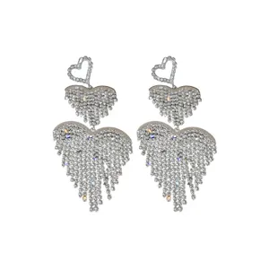Stunning rhinestone heart tassel earrings, silver needle sparkling party jewelry for women.