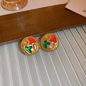 Vintage runde emaillierte Ohrringe, retro Gold Hof Stil Schmuck für elegante Damen Alltag.
