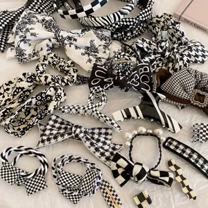 Schwarz Weiß Kariert Schleife Haargummi Set Hahnentritt Haarbänder Strass Künstliche Perle Haarschmuck Für Frauen