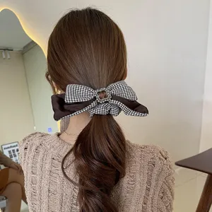 Schwarz-weißer Hahnentritt Schleife Haargummi mit Strass für Damen eleganter Pferdeschwanz