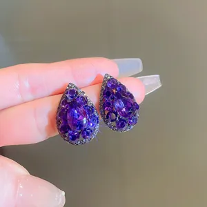 Exquisite purple crystal teardrop earrings, vintage design, elegant fashion jewelry for women.