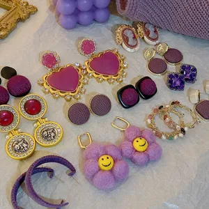 French vintage style purple rhinestone flower heart earrings high-end fashion jewelry