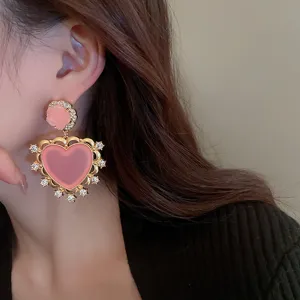 French vintage pink heart rhinestone earrings for women elegant crystal floral ear studs
