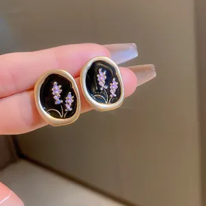 French vintage style oval black enamel purple flower earrings, elegant gold rim daily jewelry gift for women.