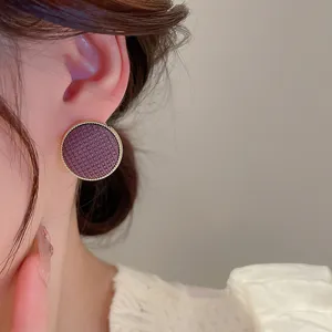 Elegant purple fabric round stud earrings with gold rim for women retro French style chic jewelry