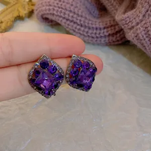 Purple rhinestone rhombus earrings, vintage French style elegant jewelry for daily wear.