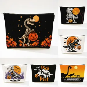 Halloween Dinosaurier Skelett Kürbis Druck Kosmetiktasche Leinen Optik Reißverschluss Reise Kulturbeutel Wasch Aufbewahrungstasche