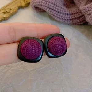 French vintage square earrings featuring black frame and purple knitted dome for women daily wear.