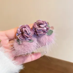 Cute purple plush rose hair clip vintage style fluffy hair accessory for women sweet daily wear.