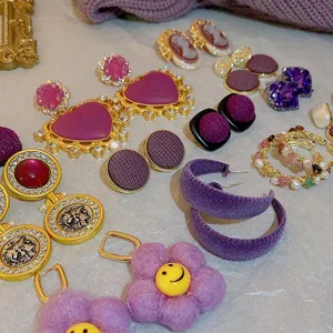 Vintage purple crystal rhinestone earrings set French style fashion statement jewelry gift