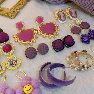 French vintage purple rhinestone heart flower earrings fashion chic jewelry set for women.