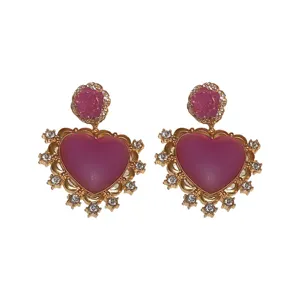 French vintage style gold earrings with pink heart stones and sparkling crystals for women fashion jewelry