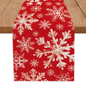 Festive red Christmas table runner with white snowflake pattern for holiday party home decor