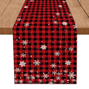 Christmas buffalo plaid table runner with white snowflake print for holiday home decor