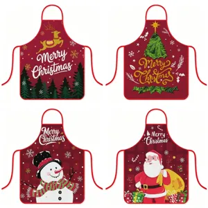 Delantal Estampado de Poliéster Impermeable de Navidad Merry Christmas Reno Muñeco de Nieve Papá Noel Delantal con Peto para Cocina Limpieza Hogar