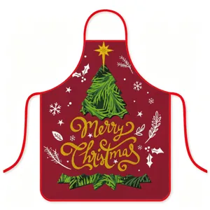 Delantal de cocina de poliéster impermeable navideño con estampado de árbol festivo.