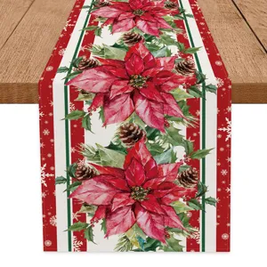 Christmas table runner festive poinsettia pine cone snowflake linen table decor detail