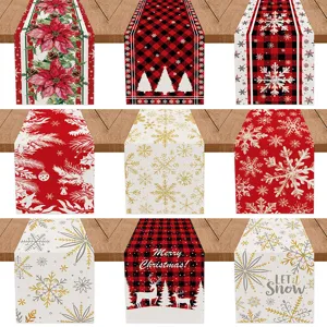 Faux Linen Christmas Table Runner Poinsettia Snowflake Digital Print Polyester Buffalo Plaid Tablecloth For Holiday Party Dining Decor
