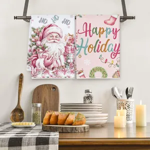 Vintage roze kerst microvezel theedoek met schattige kerstman print voor de keuken.