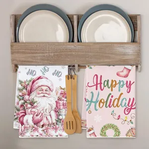 Retro aquarel roze kerst microvezel theedoek met mooie kerstman opdruk voor in de keuken