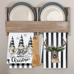 Weihnachts Wichtel und Hirsch Geschirrtuch Set für Küche, rustikale Feiertagsdeko Detail