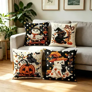 Halloween Kissenbezug Set mit süßen Cartoon-Motiven wie Geist, schwarzer Katze und Kürbis für Sofa.
