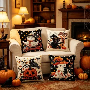 Halloween Kissenbezüge Set mit süßem Geist, schwarzer Katze und Kürbis Motiv für das Sofa.