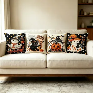 Halloween bestickte Kissenbezüge Set, süße Geist schwarze Katze Kürbis Deko Kissen.