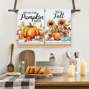 Autumn pumpkin harvest printed kitchen towel detail view, absorbent microfiber dish towel setup